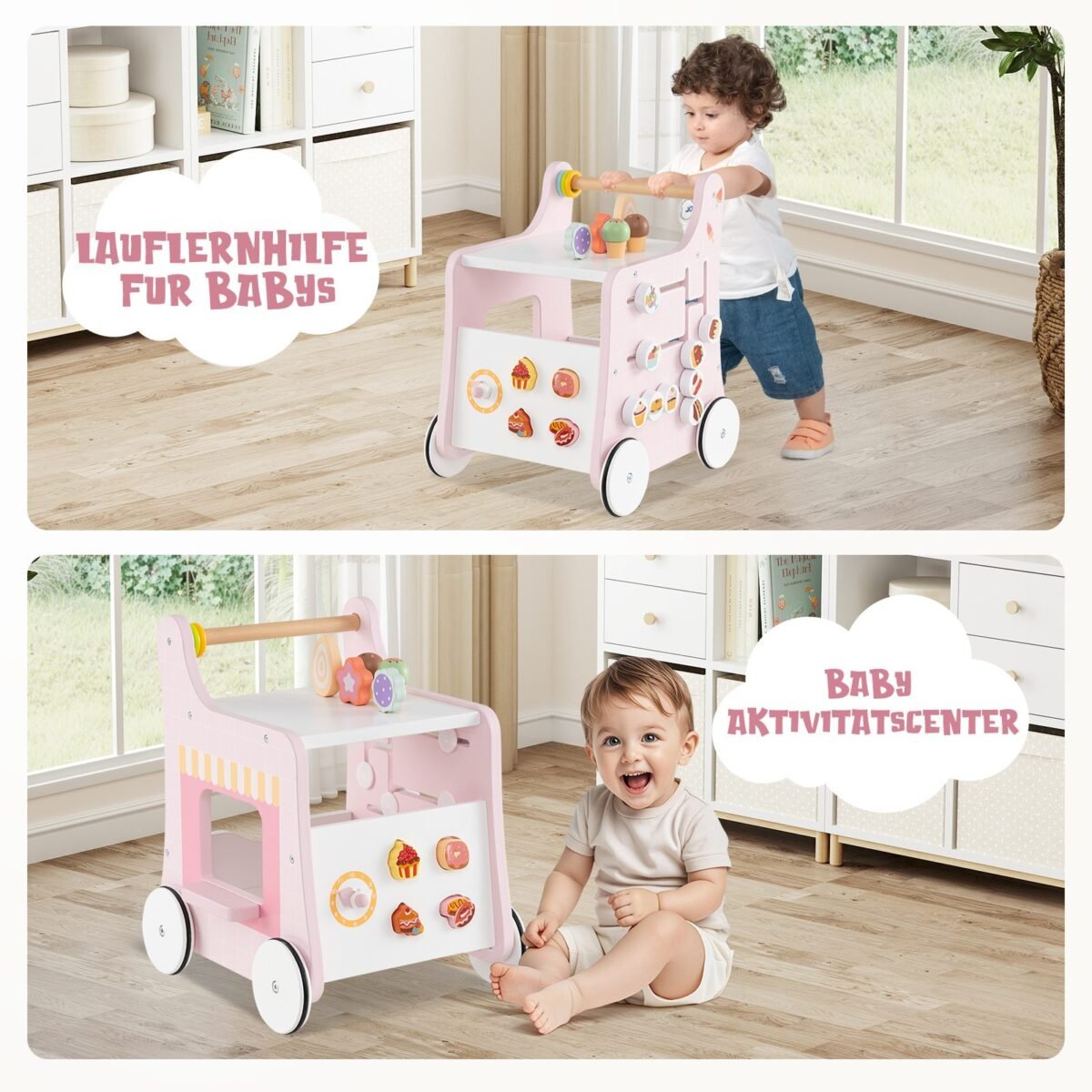 Medinis vežimėlis su stumdomais žaislais ir daiktadėže (Rožinė)