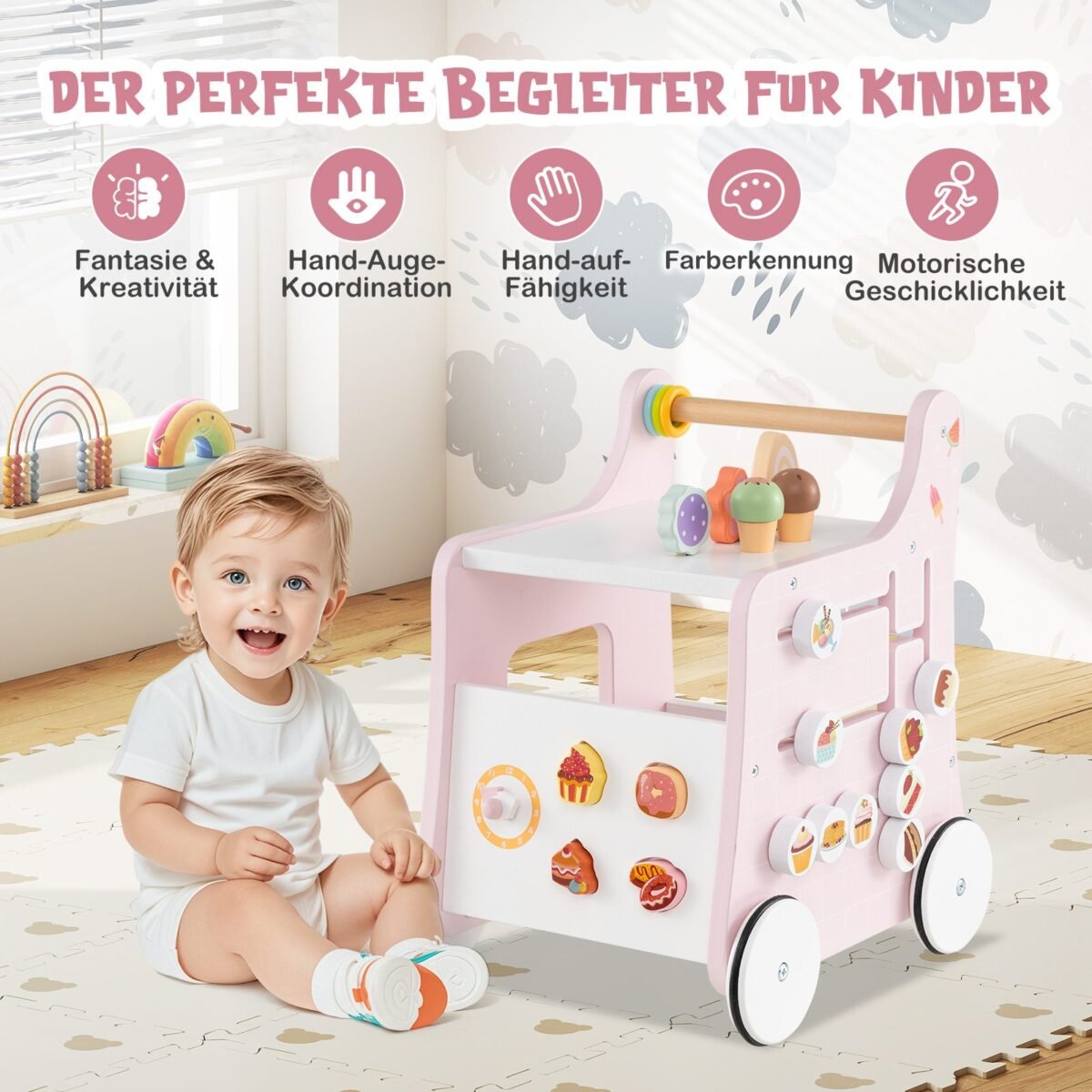 Medinis vežimėlis su stumdomais žaislais ir daiktadėže (Rožinė)