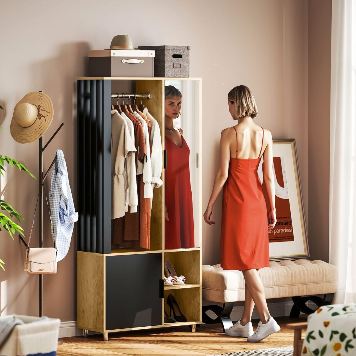 Drabužių spinta su veidrodžiu ir universaliais skyriais