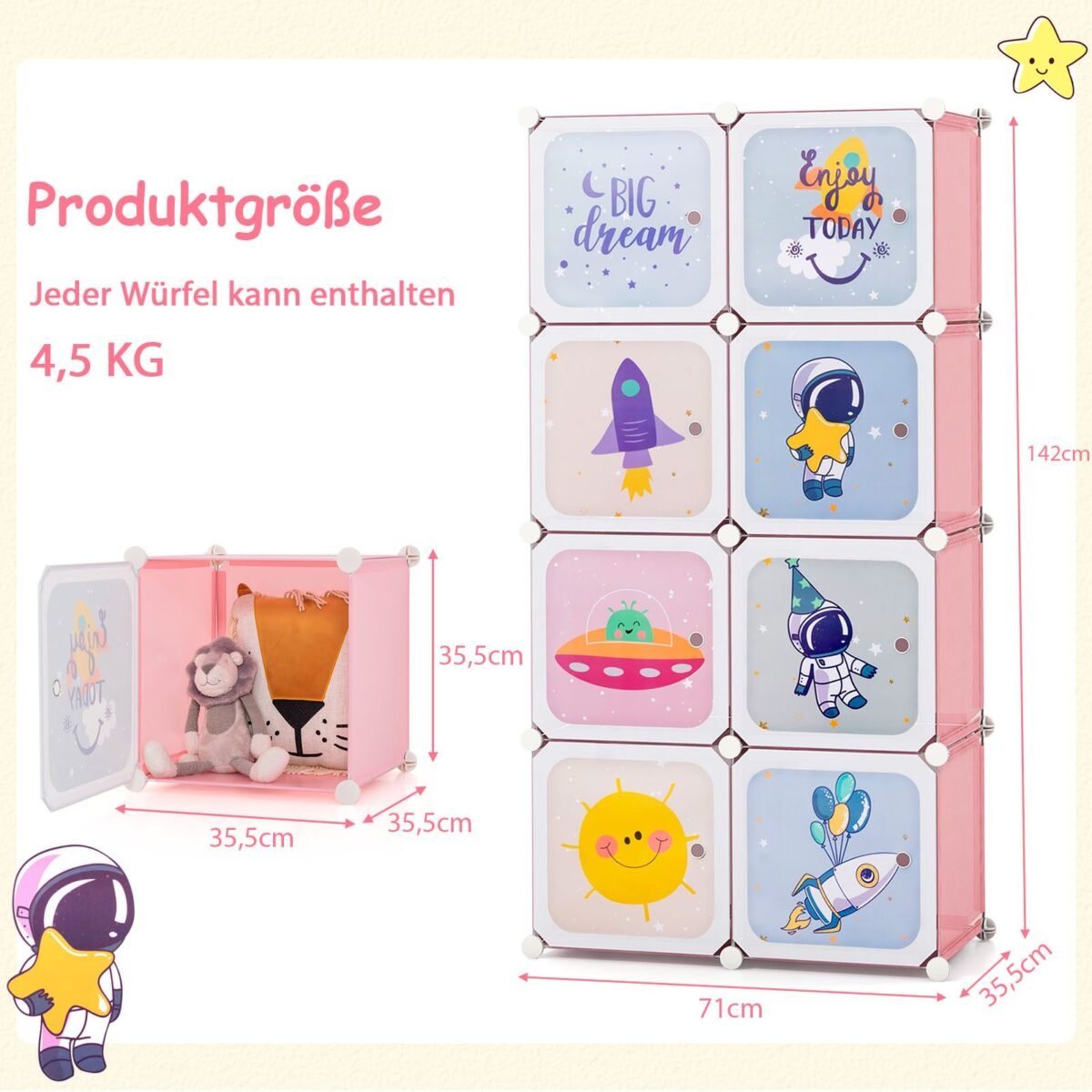 Vaikiška drabužių spinta su 8 skyreliais ir pakabinama lentyna (Rožinė)