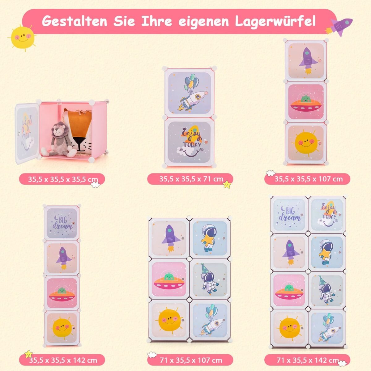 Vaikiška drabužių spinta su 8 skyreliais ir pakabinama lentyna (Rožinė)