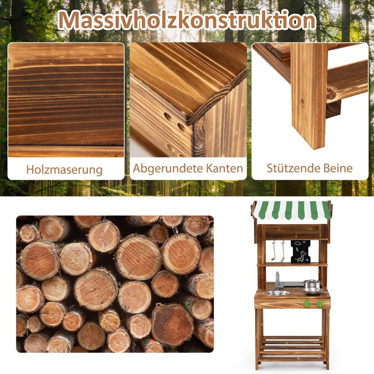Dvipusė vaikų žaidimų virtuvėlė su stogeliu (Ruda)