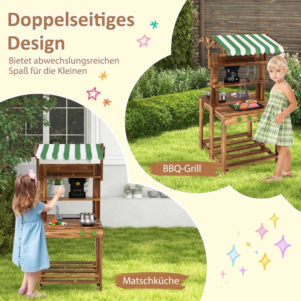 Dvipusė vaikų žaidimų virtuvėlė su stogeliu (Ruda)