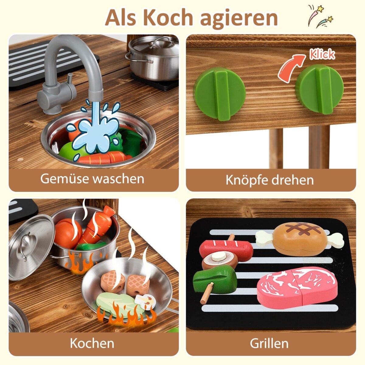 Dvipusė vaikų žaidimų virtuvėlė su stogeliu (Ruda)