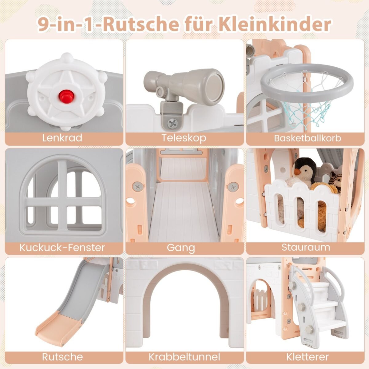 9in1 Vaikų žaidimų aikštelė su krepšinio lanku ir tuneliu (Rožinė)