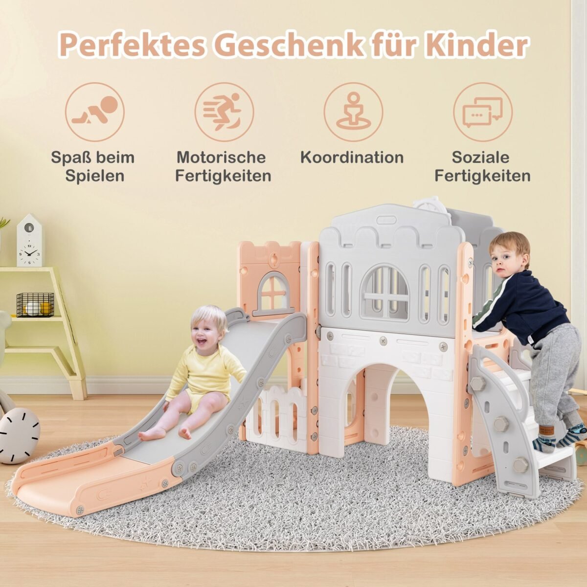 9in1 Vaikų žaidimų aikštelė su krepšinio lanku ir tuneliu (Rožinė)