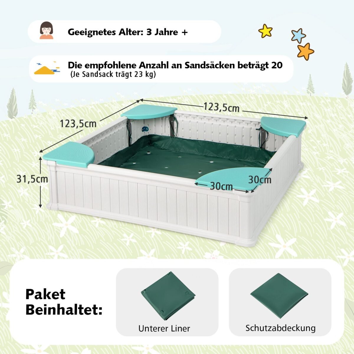 Smėlio dėžė su suoliukais ir apsauginiu uždangalu (Balta)