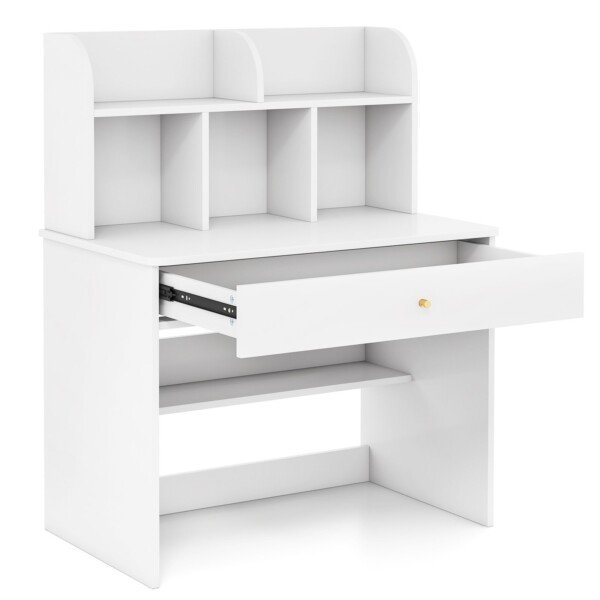 Vaikiškas rašomasis stalas su stalčiumi ir lentyna (Balta)