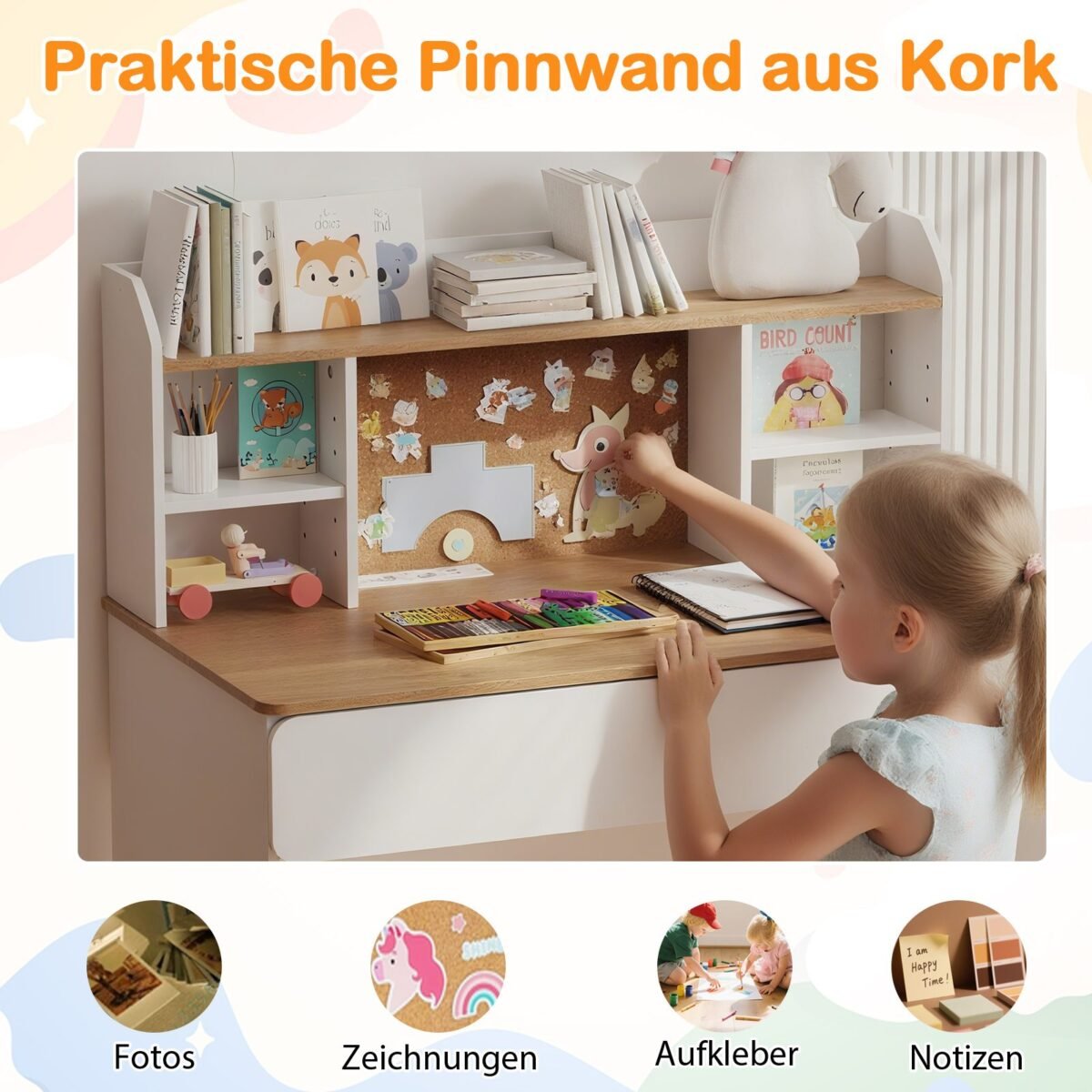 Stalas vaikams su integruota įkrovimo stotele ir kamštine lenta (Balta)