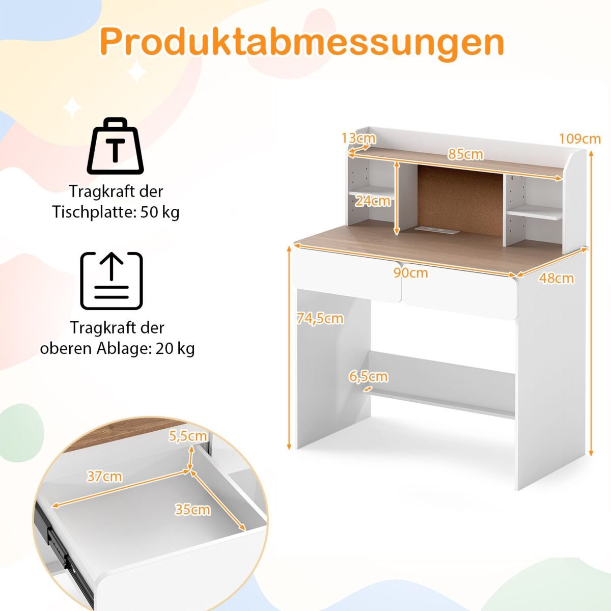 Stalas vaikams su integruota įkrovimo stotele ir kamštine lenta (Balta)