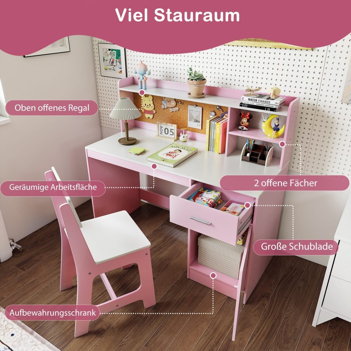 Vaikiškas rašomasis stalas su kėdės komplektu ir lentynomis (Rožinė)
