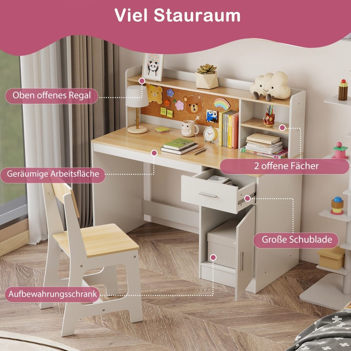 Vaikiškas rašomasis stalas su kėdės komplektu ir lentynomis (Natūrali + Balta)