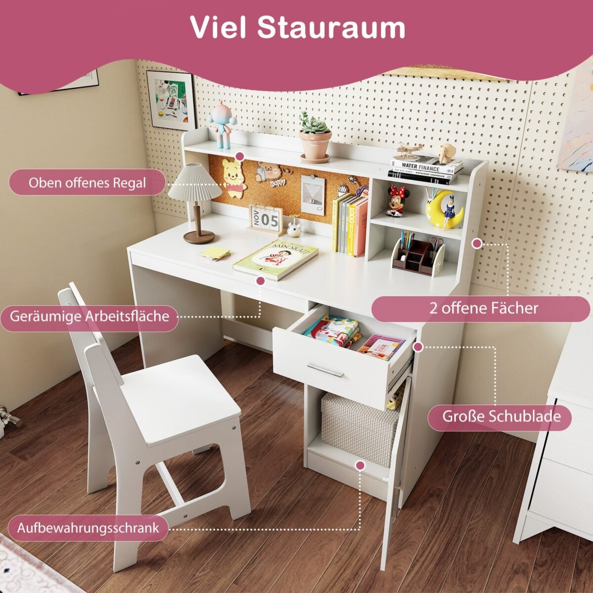 Vaikiškas rašomasis stalas su kėde ir laikymo sprendimais (Balta)