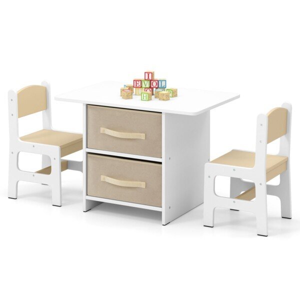 Vaikų medinis stalas su dviem kėdutėmis ir laikymo dėže (Smėlio)