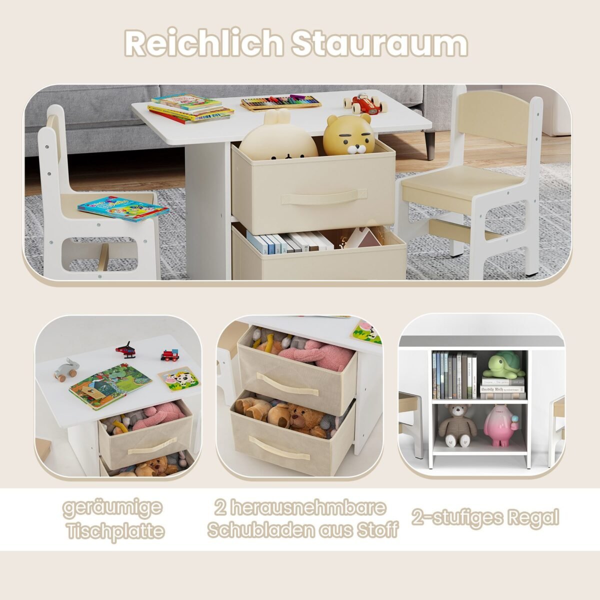 Vaikų medinis stalas su dviem kėdutėmis ir laikymo dėže (Smėlio)