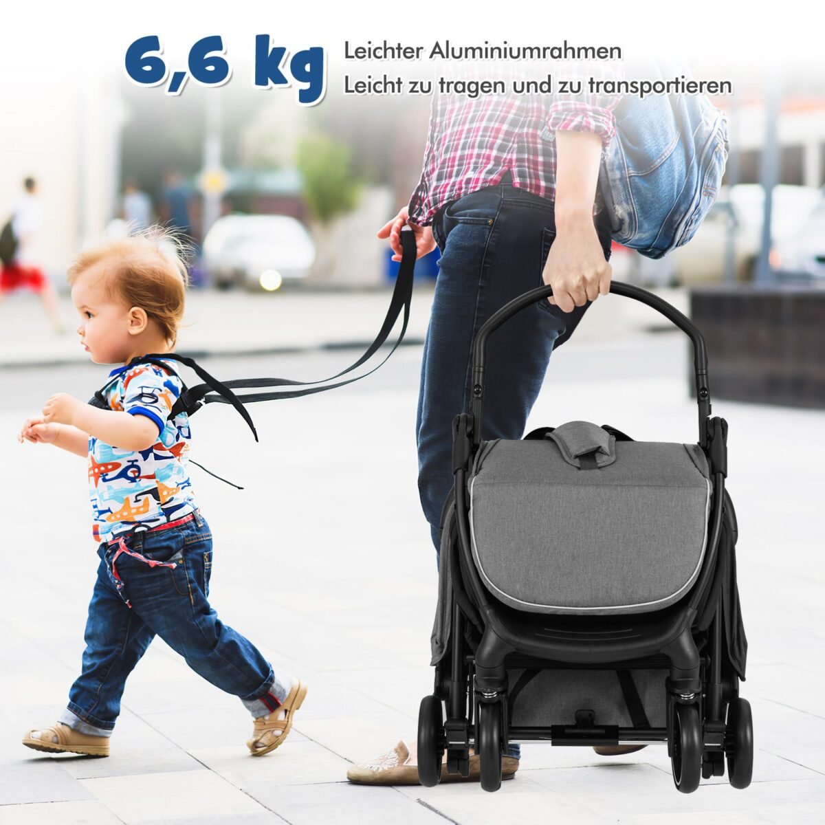 Kompaktiškas kelioninis vežimėlis su reguliuojama nugaros atrama (Pilka)