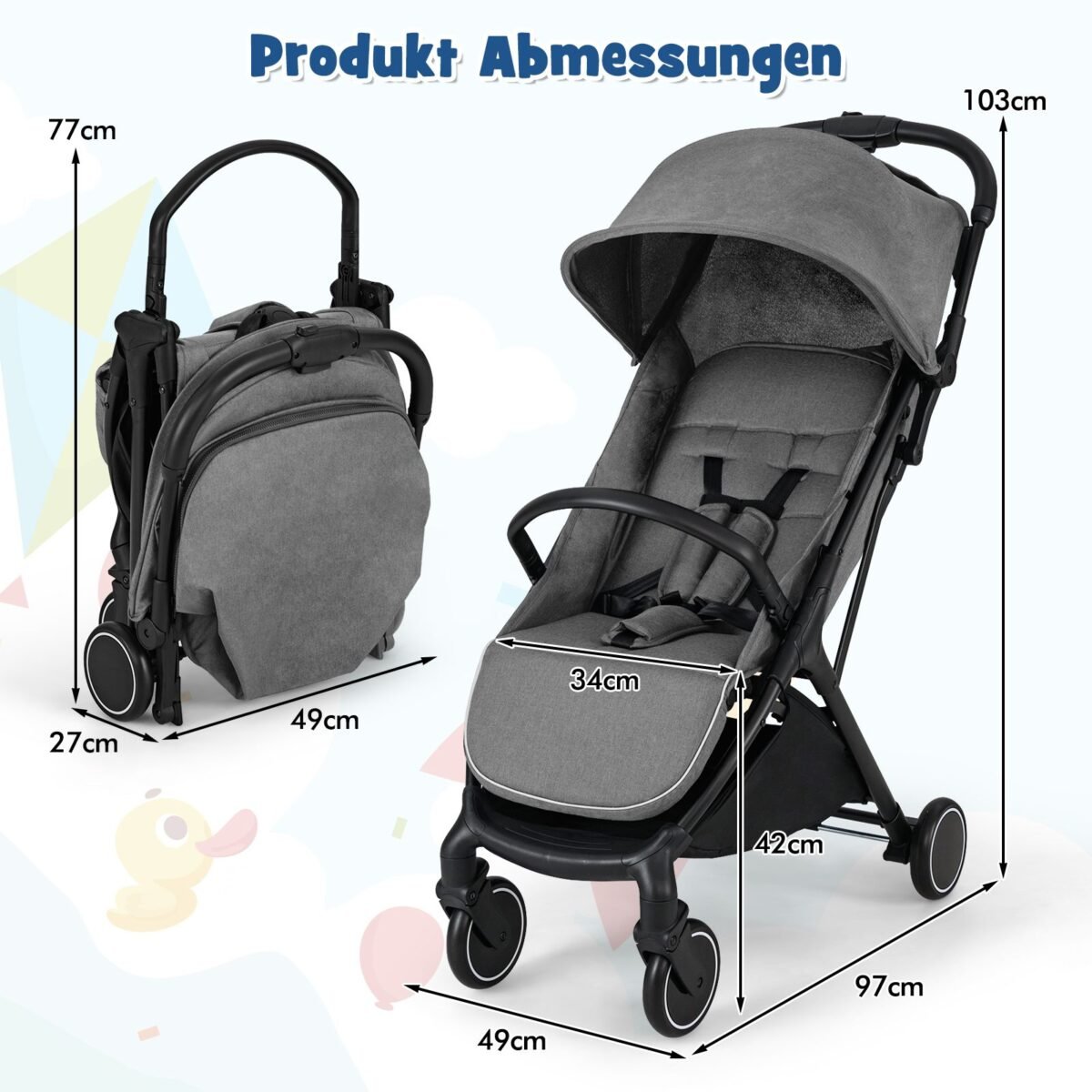 Kompaktiškas kelioninis vežimėlis su reguliuojama nugaros atrama (Pilka)