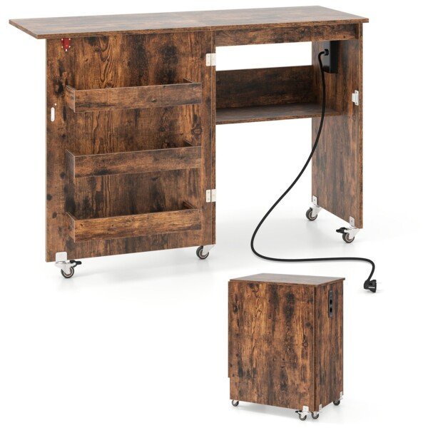 Sulankstomas siuvimo stalas su įkrovimo stotele ir ratukais (Riešuto medžio)