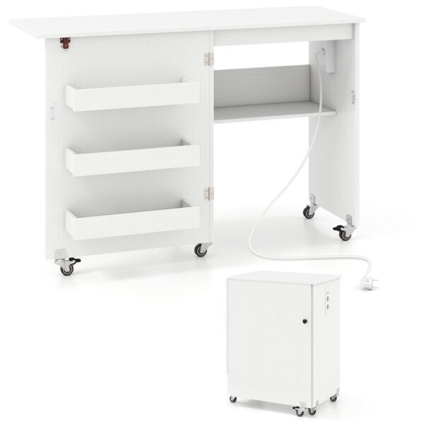 Sulankstomas siuvimo ir rankdarbių stalas su integruota įkrovimo stotele (Balta)