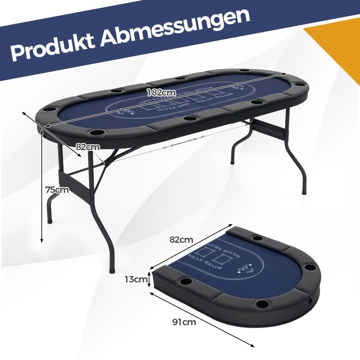 Sulankstomas pokerio stalas 8 žaidėjams su puodelių laikikliais (Mėlyna)