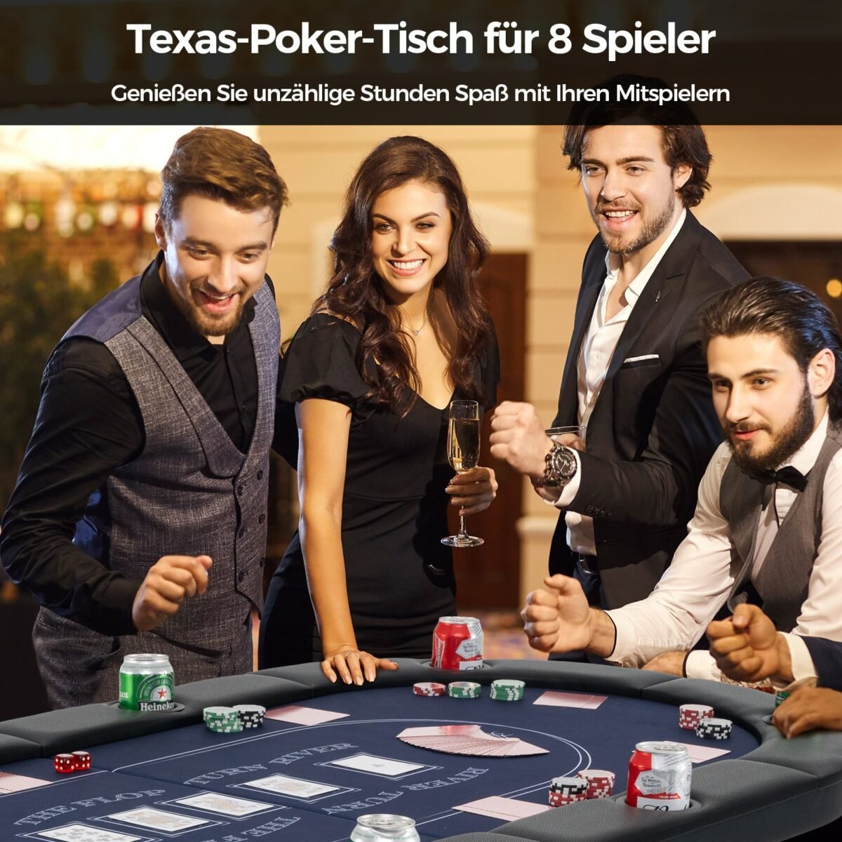 Sulankstomas pokerio stalas 8 žaidėjams su puodelių laikikliais (Mėlyna)