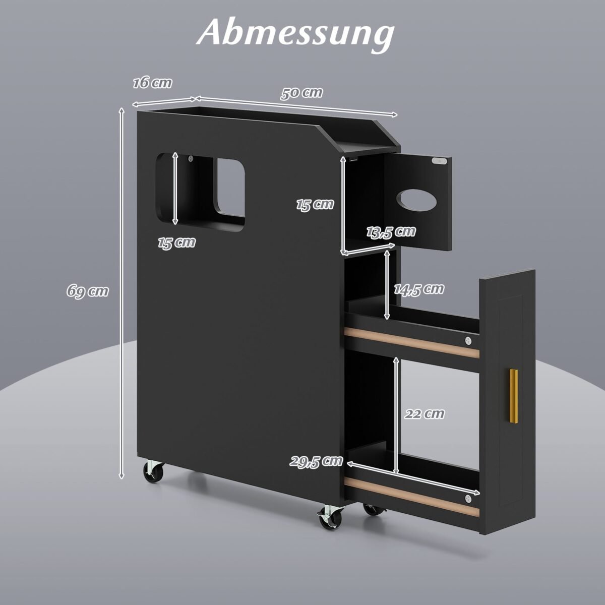 Siauras vonios organizatorius su stalčiumi ir tualetinio šepetėlio laikikliu (Juoda)