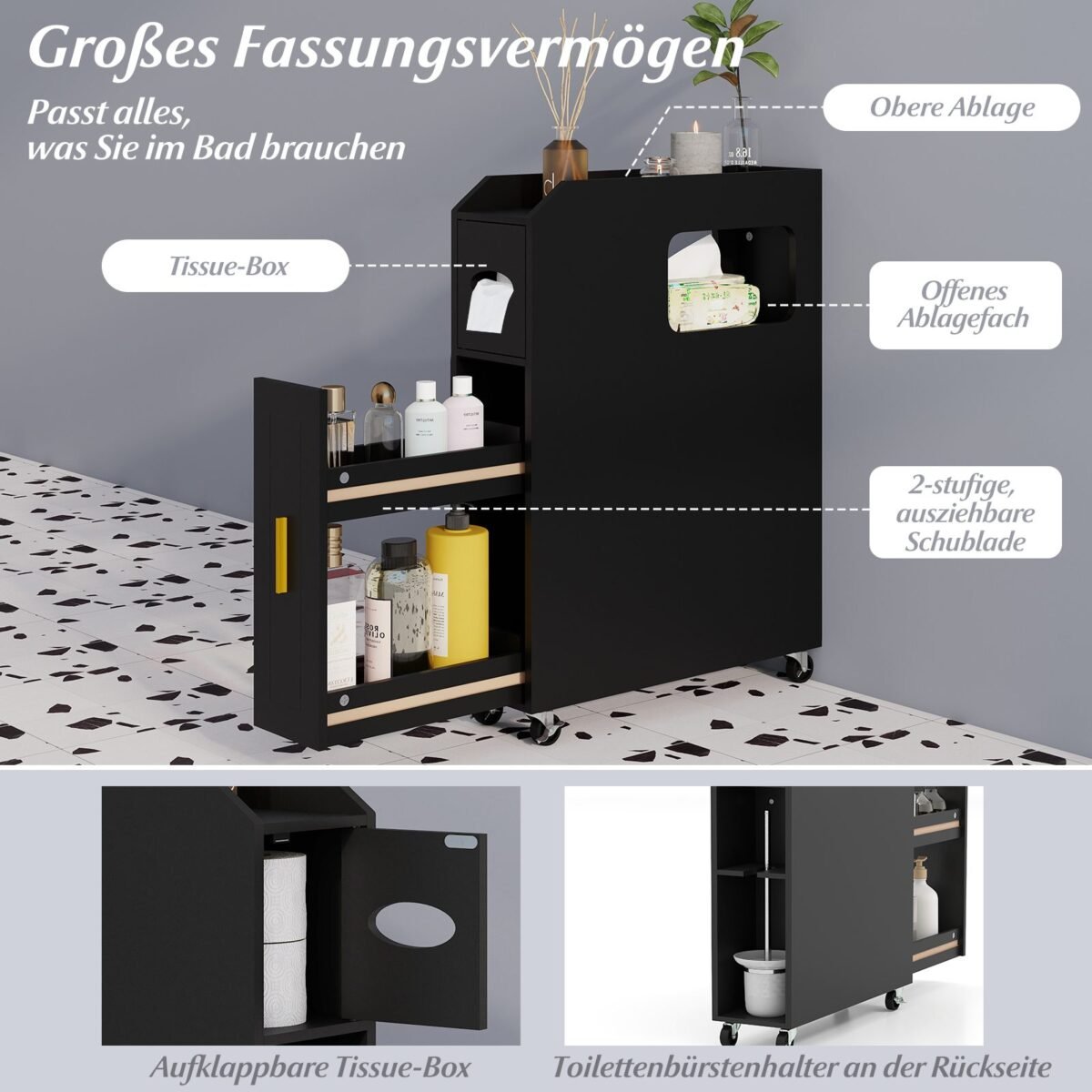 Siauras vonios organizatorius su stalčiumi ir tualetinio šepetėlio laikikliu (Juoda)