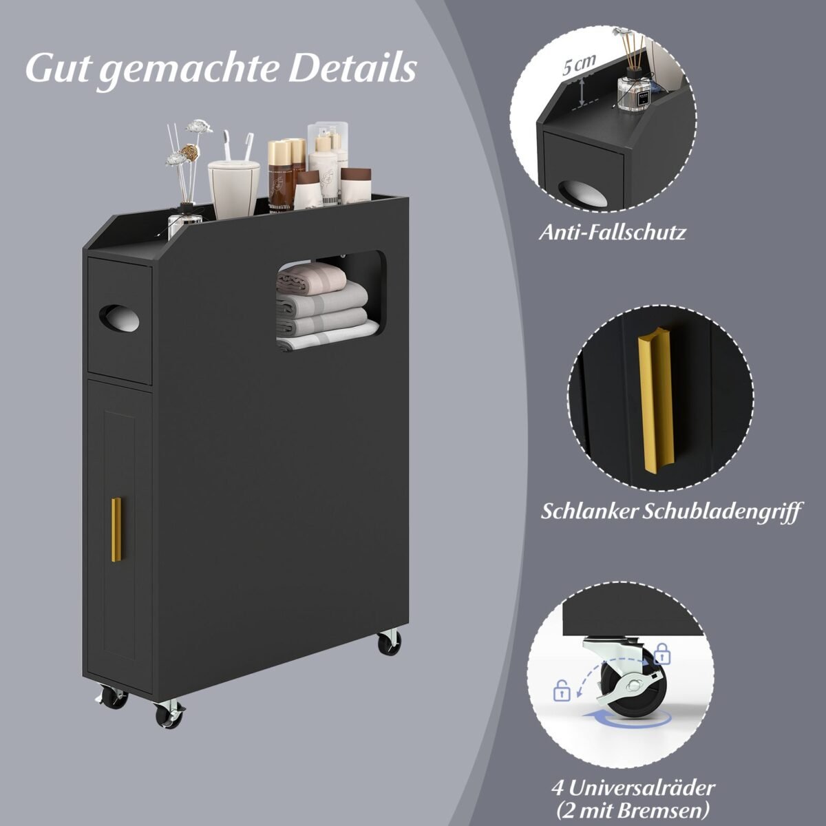 Siauras vonios organizatorius su stalčiumi ir tualetinio šepetėlio laikikliu (Juoda)