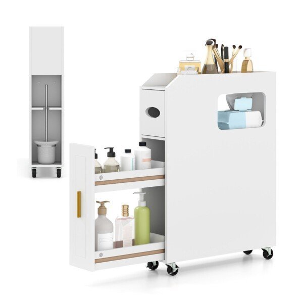 Siauras vonios organizatorius su stalčiumi ir tualeto šepečio laikikliu (Balta)