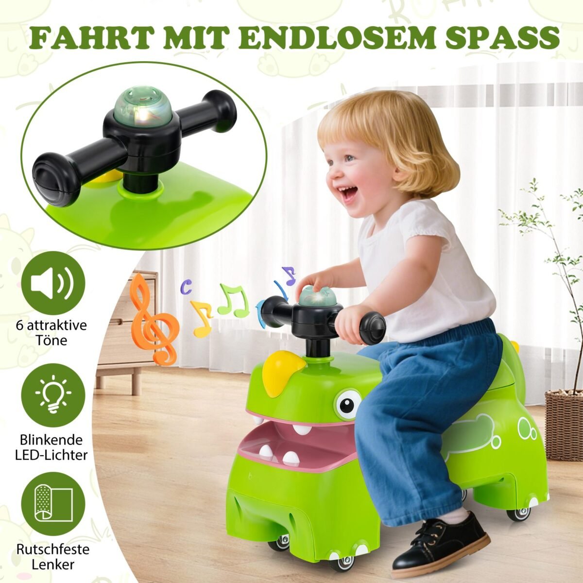 Vaikiškas paspiriamasis automobilis su daiktadėže ir garsais (Žalia)