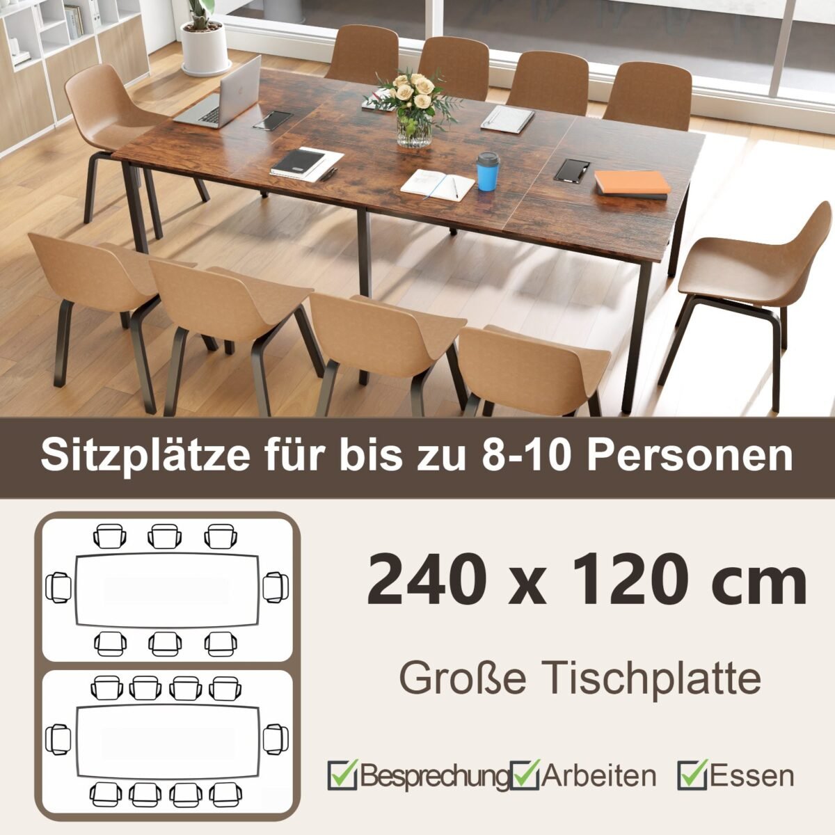 Konferencinis stalas 240 cm su dviem laidų pravedimais iki 10 žmonių (Rustiška ruda)