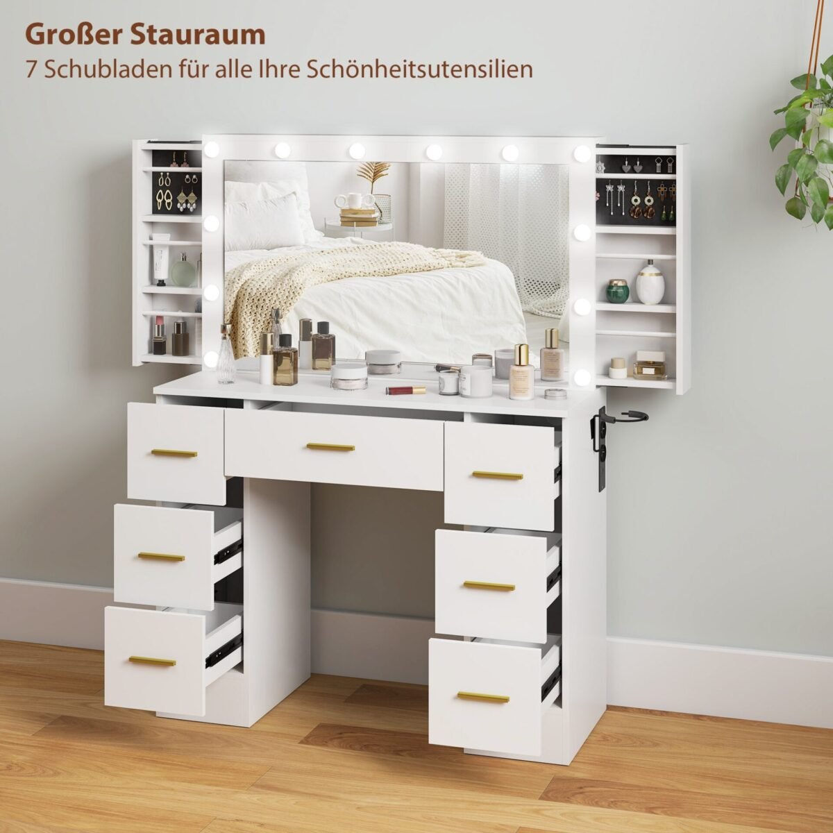 Kompaktiškas makiažo staliukas su 7 stalčiais ir LED apšvietimu