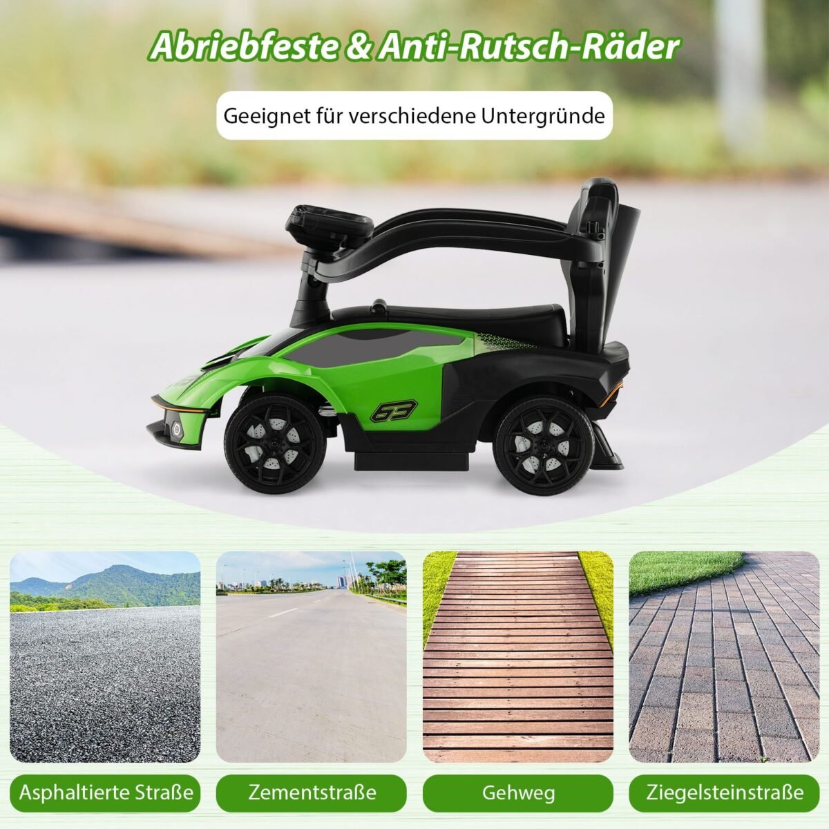 Vaikiškas paspiriamasis automobilis su stūmimo rankena ir daiktadėže (Žalia)