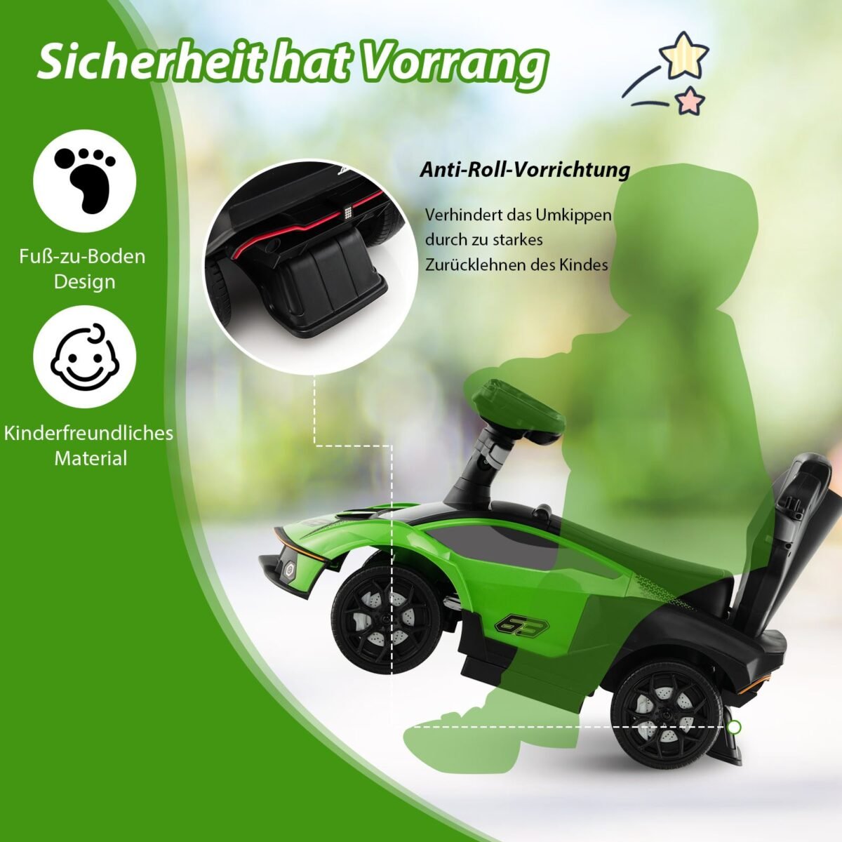 Vaikiškas paspiriamasis automobilis su stūmimo rankena ir daiktadėže (Žalia)