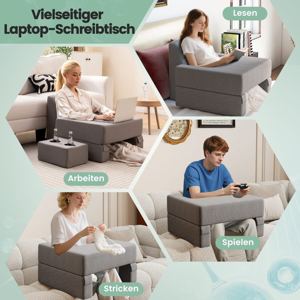 Ergonomiškas skaitymo pagalvių komplektas su dėklais ir puodelių laikikliais (Pilka)