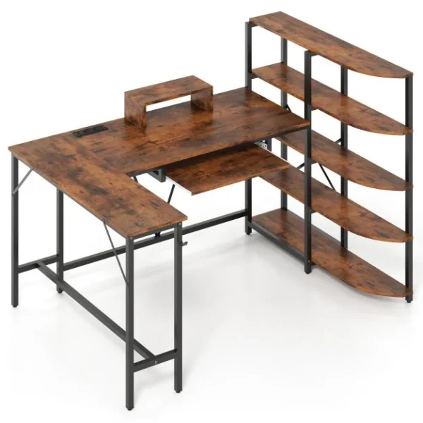 L formos kampinis rašomasis stalas su lentynomis ir įkrovimo stotele (Rustiška ruda)