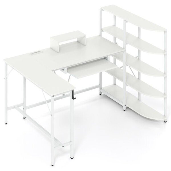 L formos kampinis stalas su lentynomis ir integruota įkrovimo stotele (Balta)