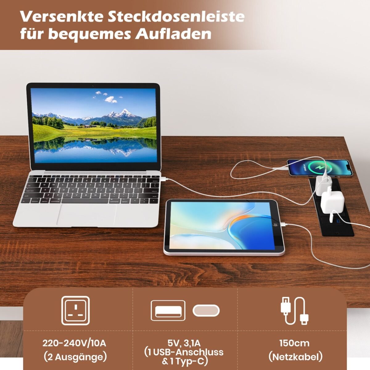 L formos kampinis rašomasis stalas su stalčiais ir integruota elektros jungtimi 138 cm (Ruda)