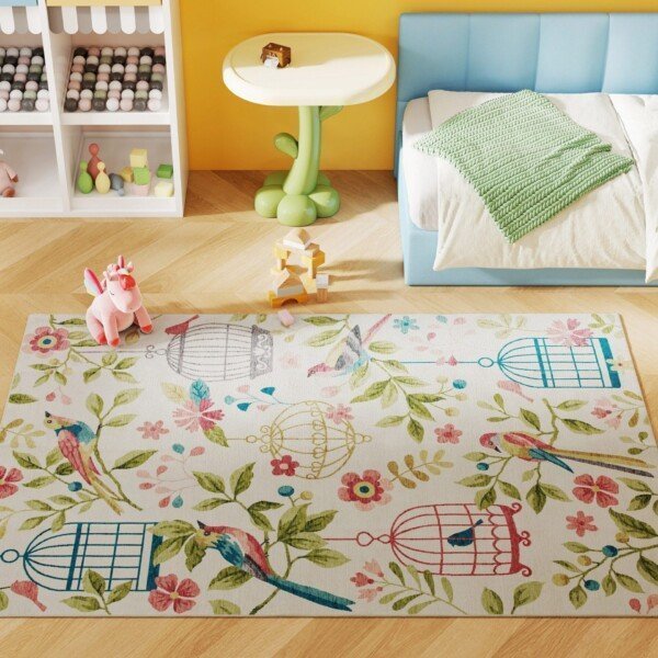 Neslystantis vidaus ir lauko kilimas su paukščių ir gėlių motyvais