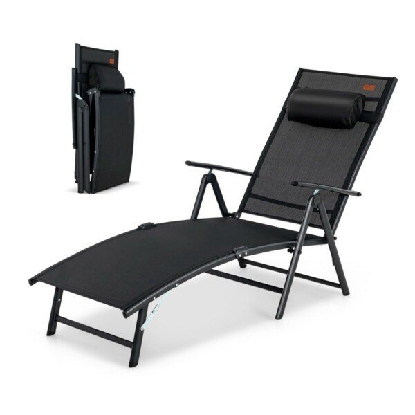 Sulankstoma lauko gulto kėdė su reguliuojamu atlošu (Juoda)