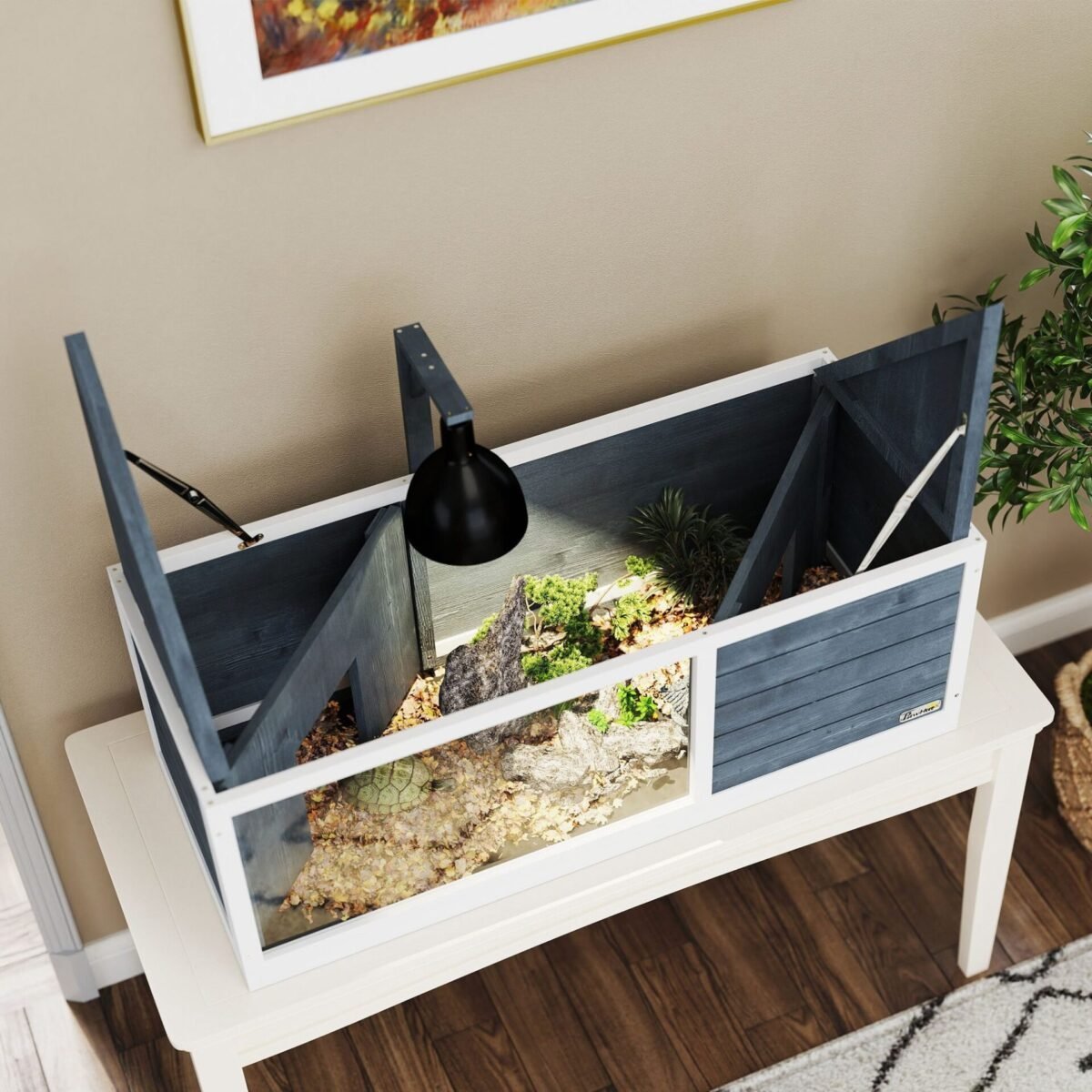 Vėžlių namelis su atidaroma viršutine dalimi ir tvirtinimu lempoms