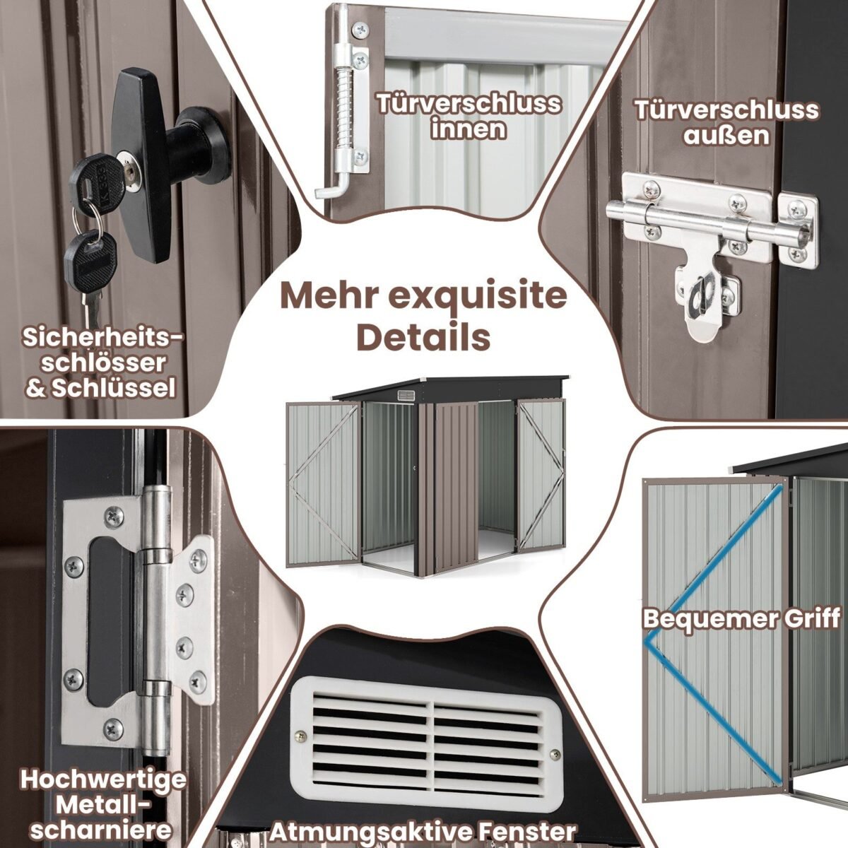 Metalinė sodo pavėsinė su dvigubomis durimis ir nuožulniu stogu (Šviesiai ruda)