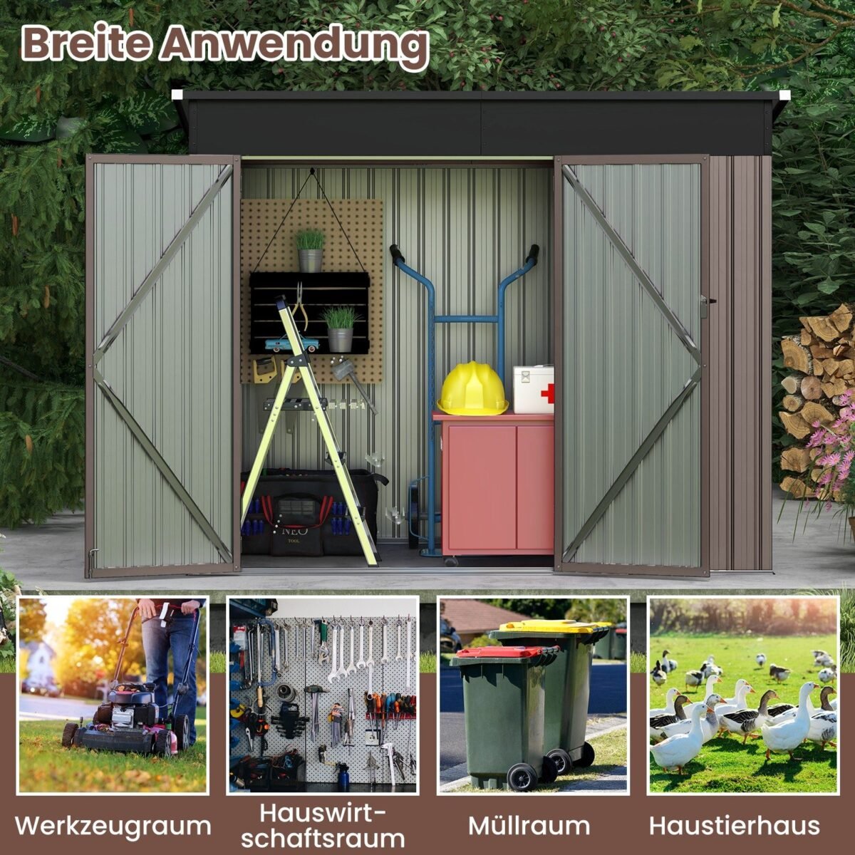 Metalinė sodo pavėsinė su dvigubomis durimis ir nuožulniu stogu (Šviesiai ruda)