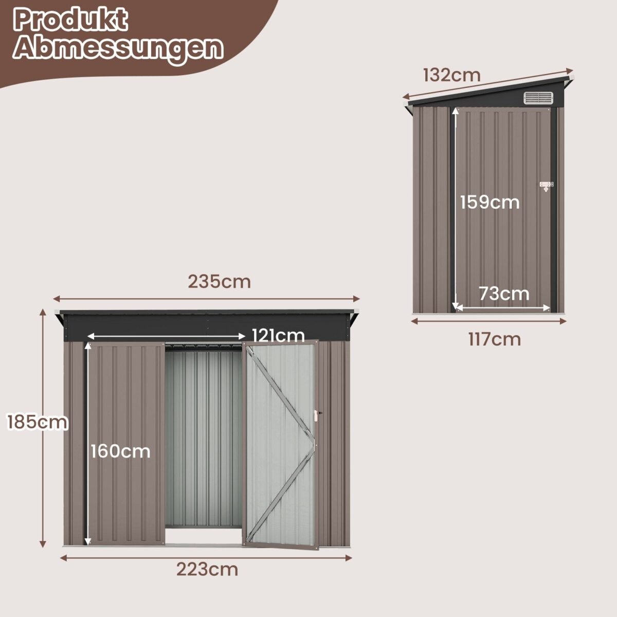 Metalinė sodo pavėsinė su dvigubomis durimis ir nuožulniu stogu (Šviesiai ruda)
