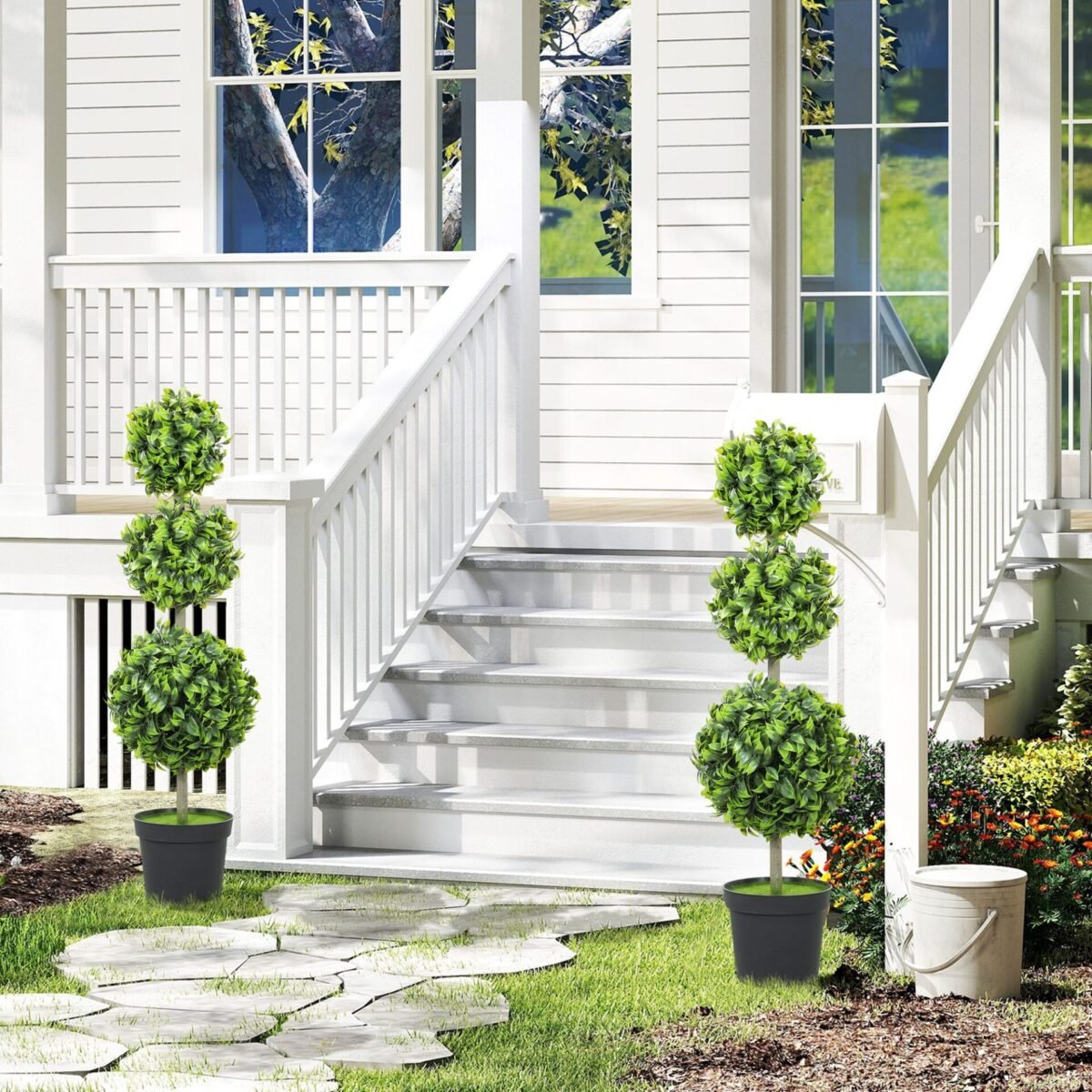 UV atsparūs dirbtiniai topiarai su 3 rutuliais vazonuose, 2 vnt., 100 cm aukščio