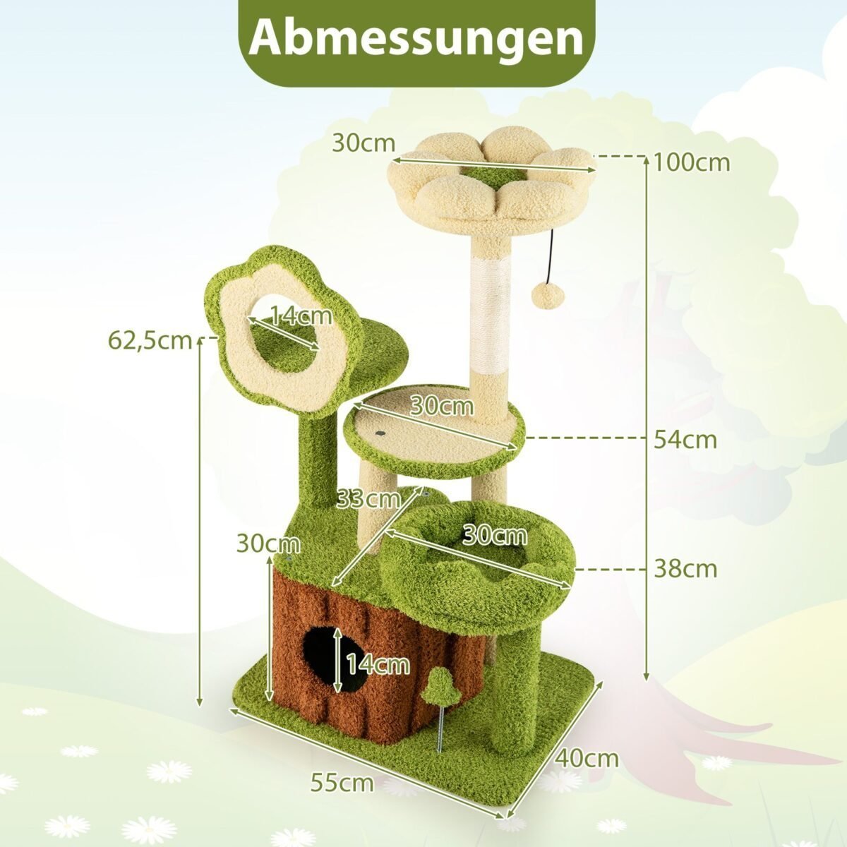 Daugiapakopis kačių namelis su draskykle ir poilsio zonomis (Žalia)