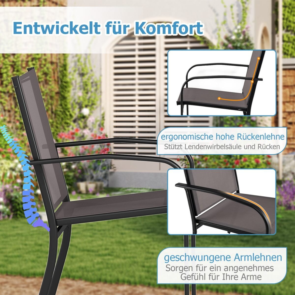 Lauko valgomojo kėdės 4 vnt. su kvėpuojančiu audiniu (Pilka)