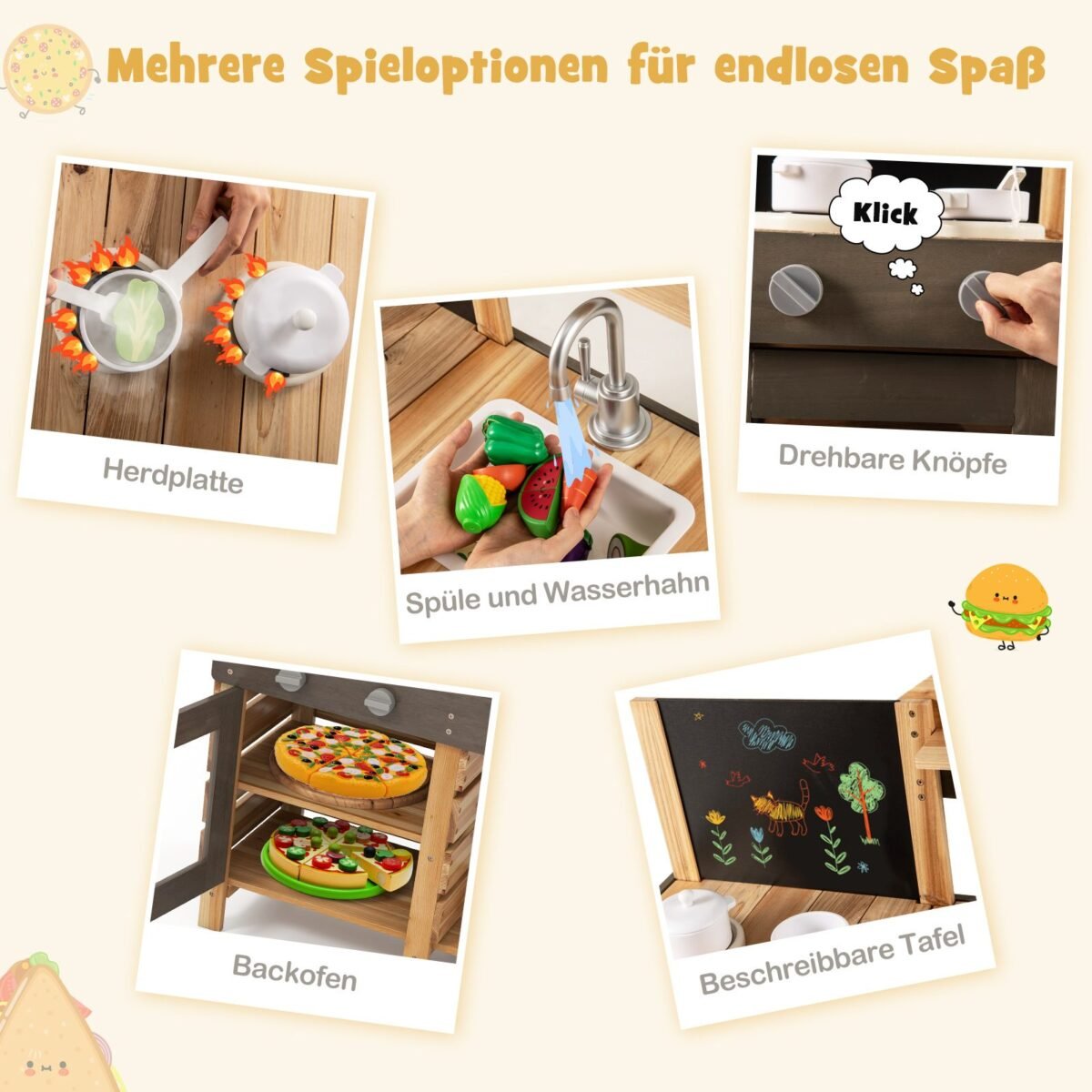 Lauko vaikų virtuvėlė su lenta (Natūrali)