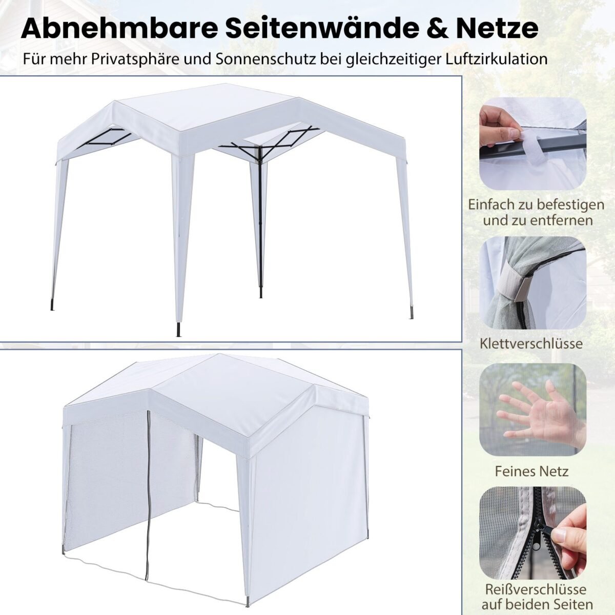 Sodo paviljonas su stogu ir vėjo fiksatoriais (Balta)