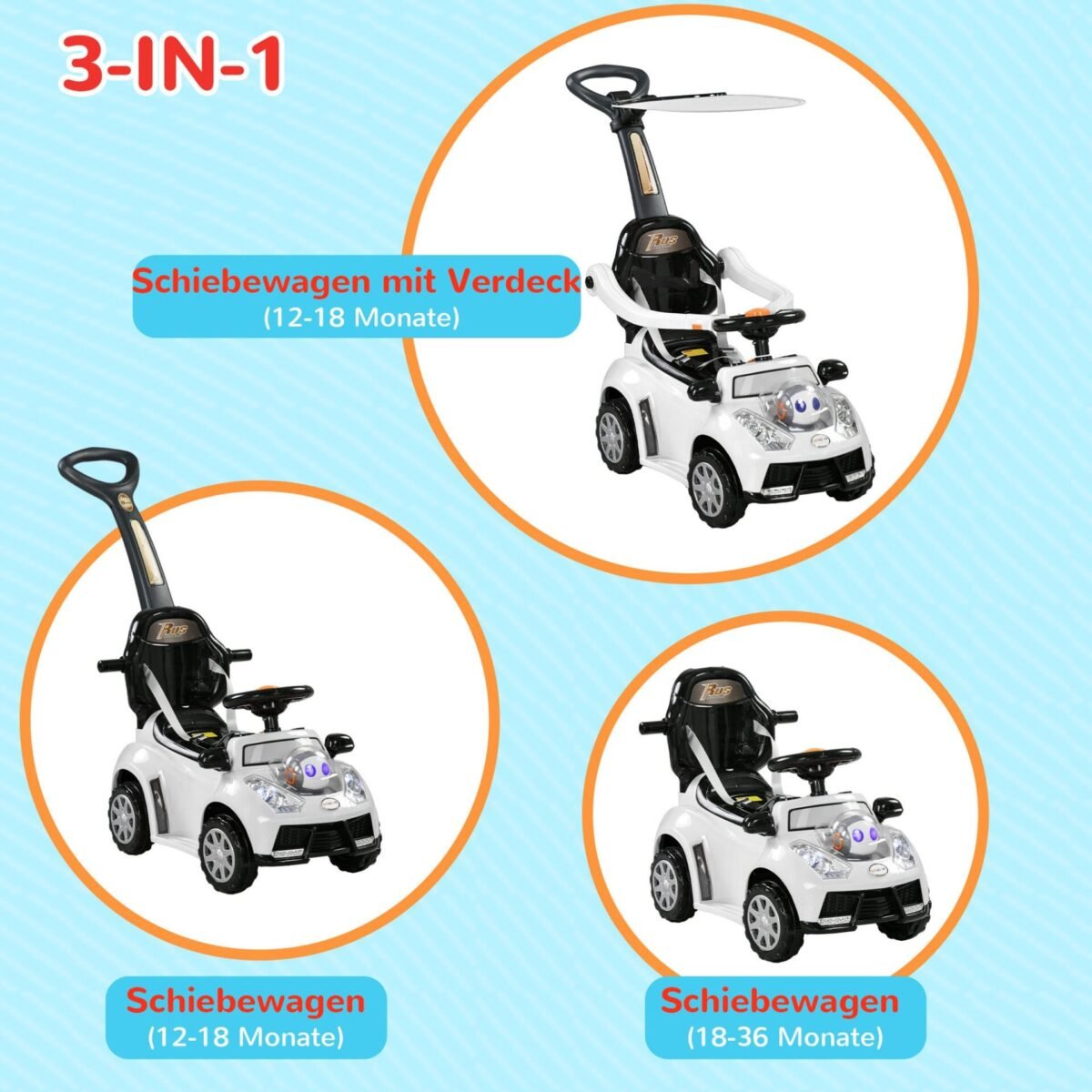 3 viename Vaikų stumdukas-važynėtukas su nuimamu stogeliu